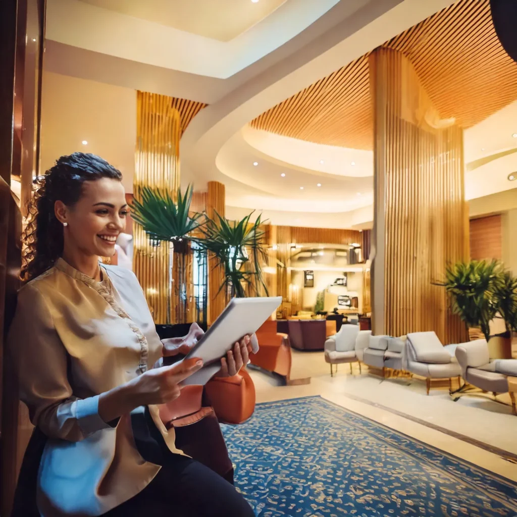 1 tablet hotellobby frau